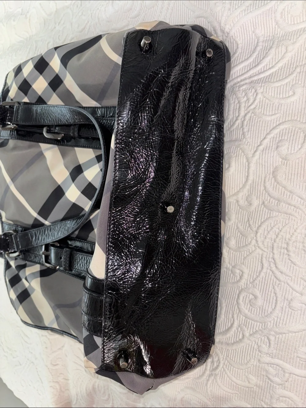 Burberry Black, Gray and Cream Plaid Tote with Leather Straps